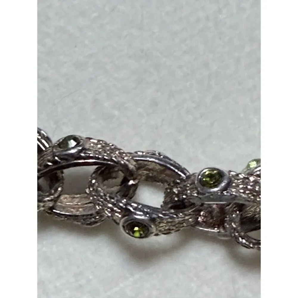 Vintage 1970s Brutalist Woodland Link Bracelet Green Rhinestones 8.5”